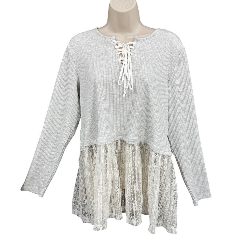 Embossed Top Junior XS‎ Gray Ribbed Lace Trim Lace-Up Top Romantic Boho Feminine
